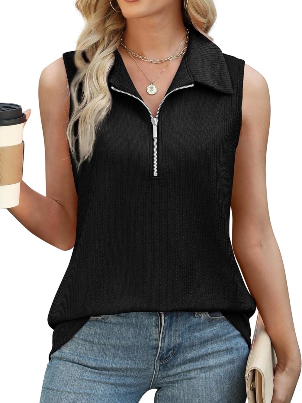 Black Sleeveless Zip-Front Ribbed Top